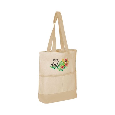 100% Cotton Canvas Tote Bag W/ Natural Color Accent Pocket