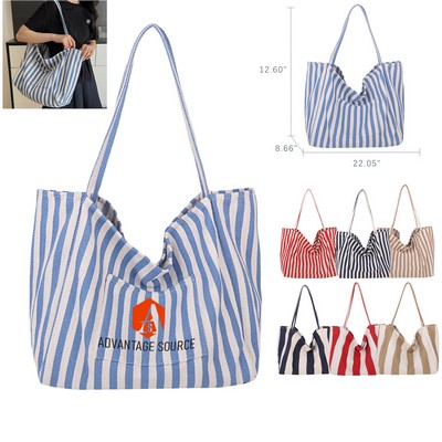Striped Canvas Tote Shoulder Bag (22"W×13"H)