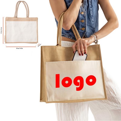 Large Jute Grocery Tote Bag With Front Pocket And Gusset