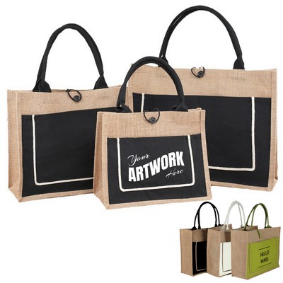 Two Tone Cotton Pocket Jute Tote Bag With Large Size W18" x H13.7" x D5.5"