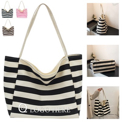 Striped Single-Shoulder Canvas Tote Bag